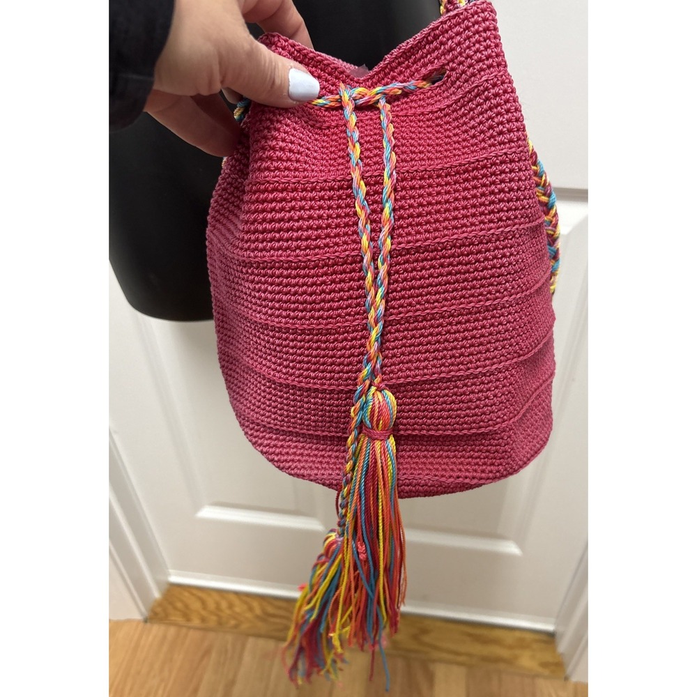 Handmade Crochet Mochila Bucket Bag Magenta Pink Woven Geometric Strap Tassels - Picture 2 of 9